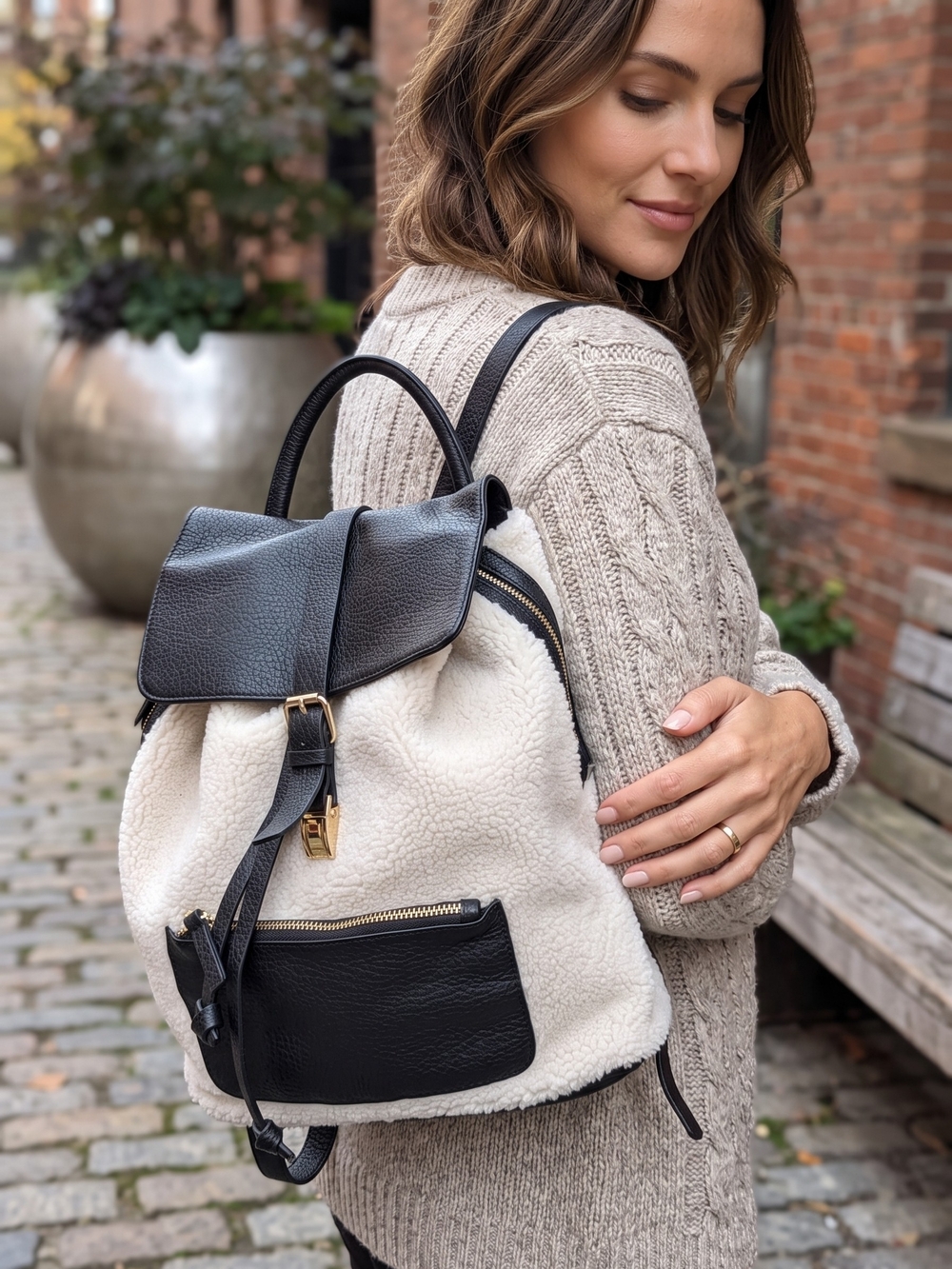 Indigo Cozy Chic Faux Shearling Sherpa Backpack Black Leather Buckle Daypack